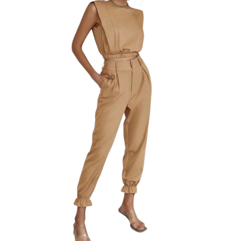 2-Pc Tan Pantsuit Relaxed Silhouette Elastic Waist On Top Size MEDIUM